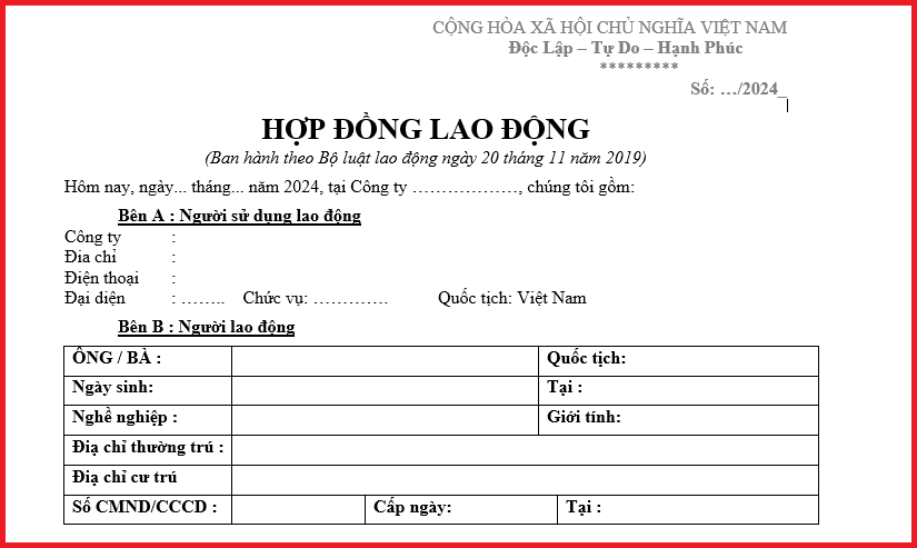 Mẫu hợp đồng lao động năm 2024