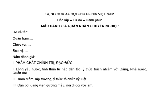 Mẫu phiếu đánh giá quân nhân chuyên nghiệp