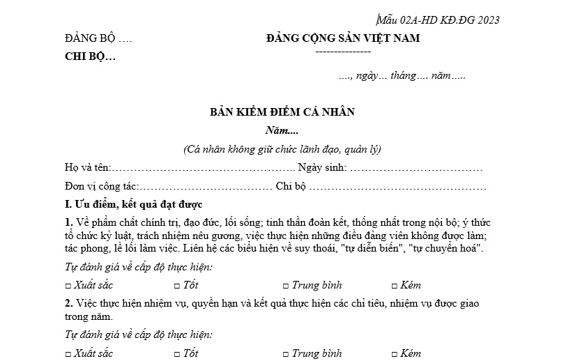 Mẫu Bản kiểm điểm cá nhân ngành Công an