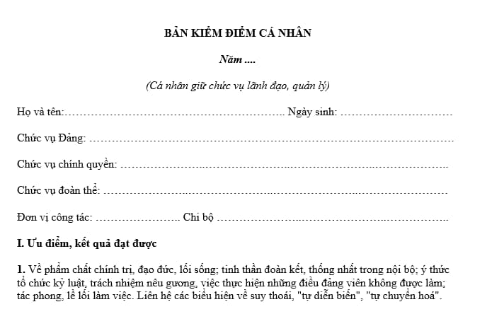 Mẫu Bản kiểm điểm cá nhân lãnh đạo quản lý 