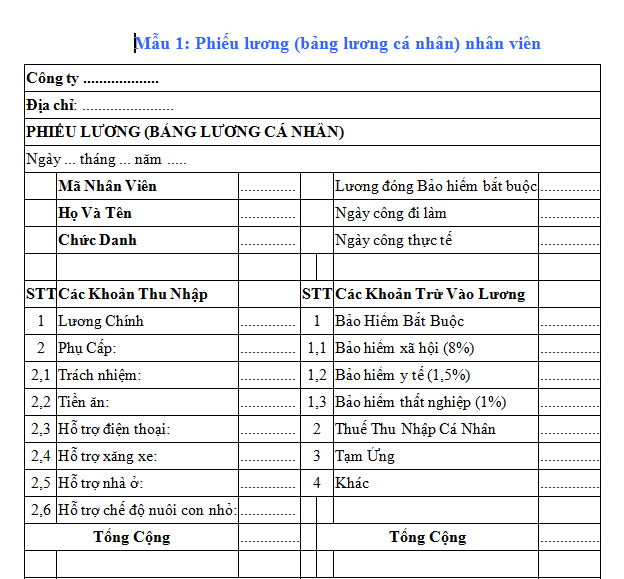 Mẫu 1: Phiếu lương (bảng lương cá nhân) nhân viên