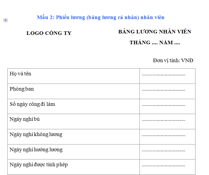 Mẫu 2: Phiếu lương (bảng lương cá nhân) nhân viên 