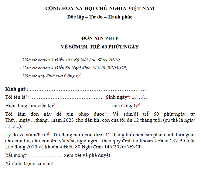 Mẫu đơn xin phép nghỉ 60 phút/ngày