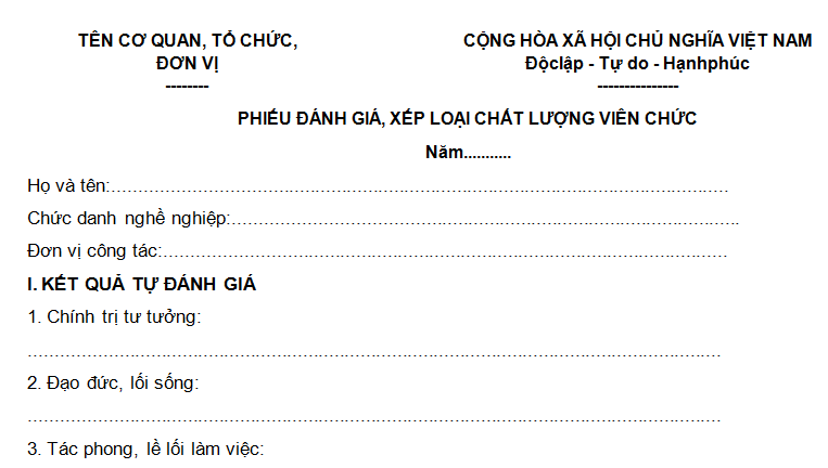 phiếu đánh giá, xếp loại chất lượng viên chức