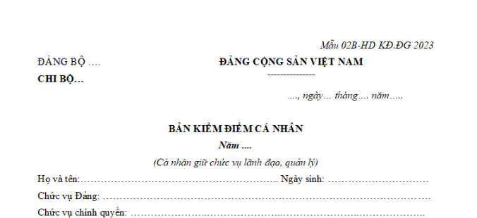 Bản kiểm điểm cá nhân giữ chức vụ lãnh đạo, quản lý theo Mẫu 02B-HD KĐ.ĐG 2023